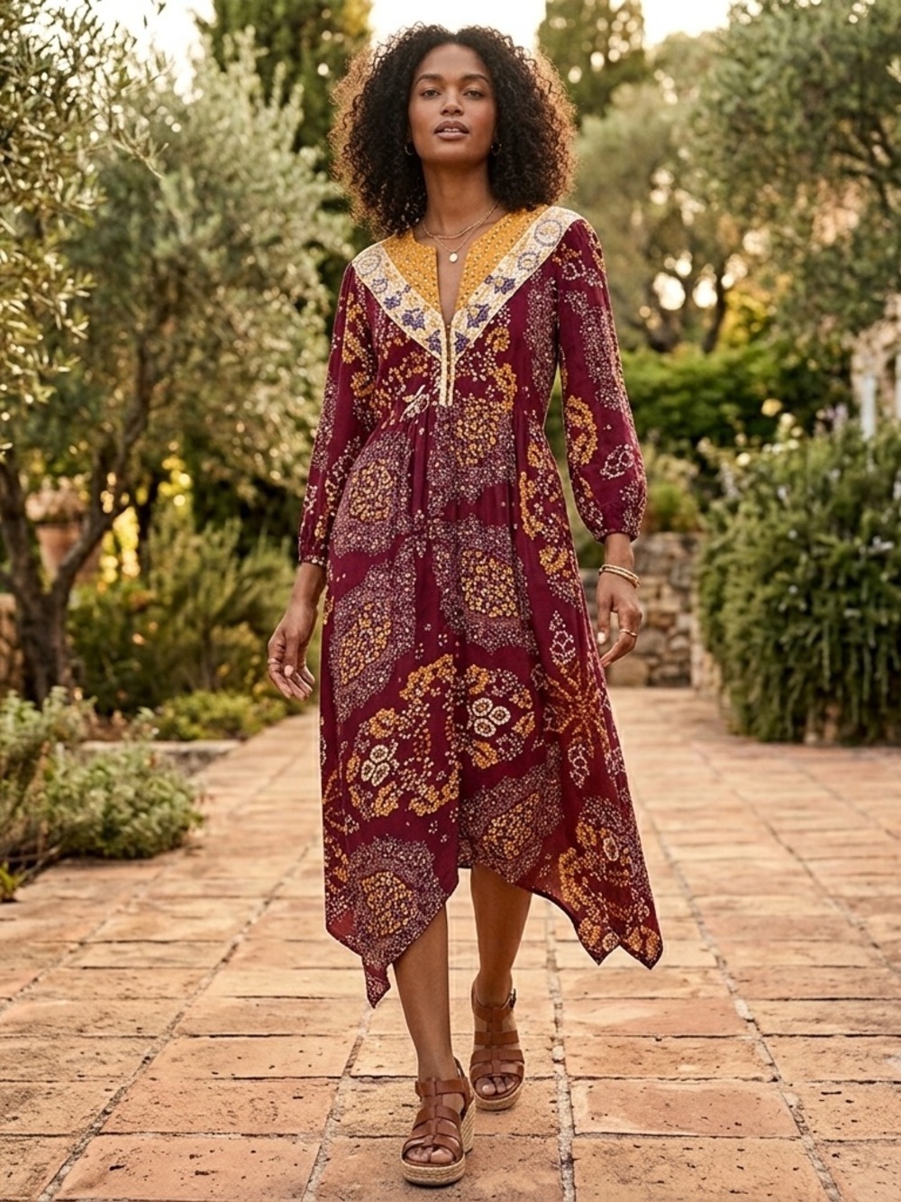 NWT Maeve Meredith Boho Handkerchief Floral Crochet Red Midi Dress Womens XS